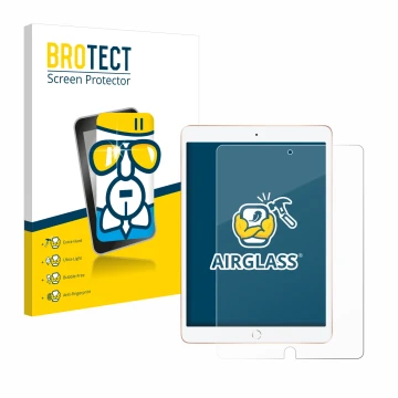 Parte frontal de un envase de producto con el logotipo de la marca BROTECT. Al lado se muestra el dispositivo Apple iPad 10.2