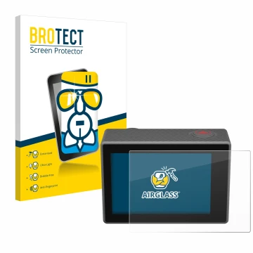 Parte frontal de un envase de producto con el logotipo de la marca BROTECT. Al lado se muestra el dispositivo Akaso V50 Elite 