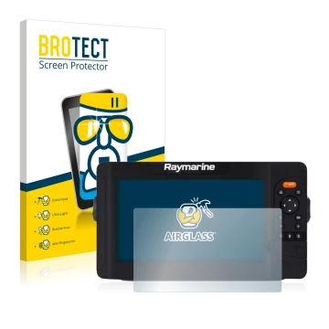 Parte frontal de un envase de producto con el logotipo de la marca BROTECT. Al lado se muestra el dispositivo Raymarine Elemen