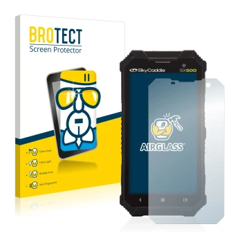 Parte frontal de un envase de producto con el logotipo de la marca BROTECT. Al lado se muestra el dispositivo SkyCaddie SX500 