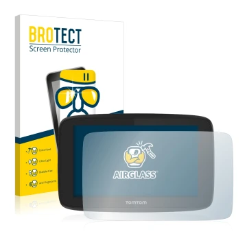 Parte frontal de un envase de producto con el logotipo de la marca BROTECT. Al lado se muestra el dispositivo TomTom Go Profes