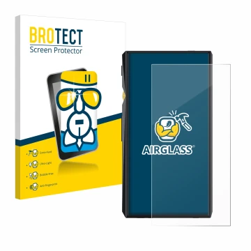 Parte frontal de un envase de producto con el logotipo de la marca BROTECT. Al lado se muestra el dispositivo FiiO M11 Pro con