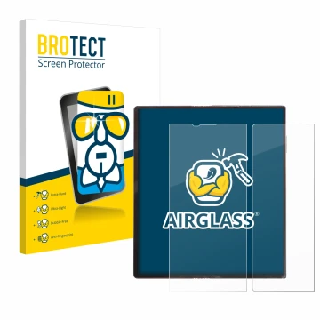 Parte frontal de un envase de producto con el logotipo de la marca BROTECT. Al lado se muestra el dispositivo Huawei Mate Xs c