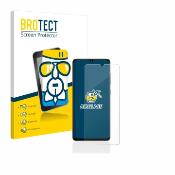 Parte frontal de un envase de producto con el logotipo de la marca BROTECT. Al lado se muestra el dispositivo Samsung Galaxy A