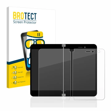 Parte frontal de un envase de producto con el logotipo de la marca BROTECT. Al lado se muestra el dispositivo Microsoft Surfac