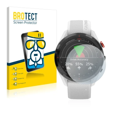 Parte frontal de un envase de producto con el logotipo de la marca BROTECT. Al lado se muestra el dispositivo Garmin Approach 