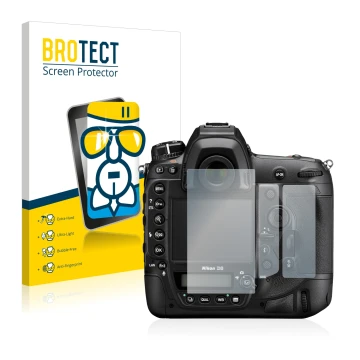 Parte frontal de un envase de producto con el logotipo de la marca BROTECT. Al lado se muestra el dispositivo Nikon D6 con su 