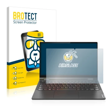 Parte frontal de un envase de producto con el logotipo de la marca BROTECT. Al lado se muestra el dispositivo Lenovo Yoga C640