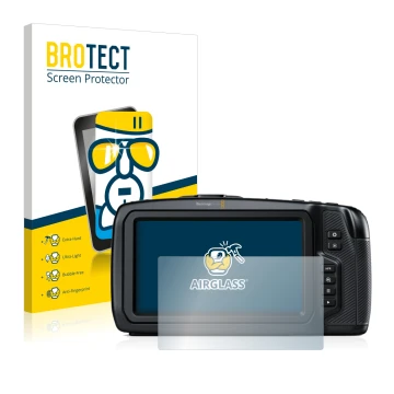 Parte frontal de un envase de producto con el logotipo de la marca BROTECT. Al lado se muestra el dispositivo Blackmagic Pocke
