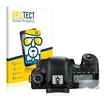 Parte frontal de un envase de producto con el logotipo de la marca BROTECT. Al lado se muestra el dispositivo Canon EOS 6D (pa