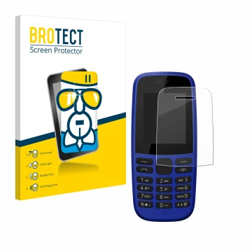 Parte frontal de un envase de producto con el logotipo de la marca BROTECT. Al lado se muestra el dispositivo Nokia 105 DS 201