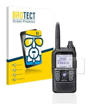Parte frontal de un envase de producto con el logotipo de la marca BROTECT. Al lado se muestra el dispositivo Icom ID-51E Plus