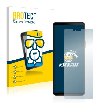 Parte frontal de un envase de producto con el logotipo de la marca BROTECT. Al lado se muestra el dispositivo Sony Xperia 10 I