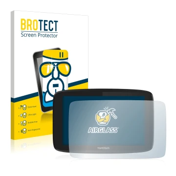 Parte frontal de un envase de producto con el logotipo de la marca BROTECT. Al lado se muestra el dispositivo TomTom Go Profes
