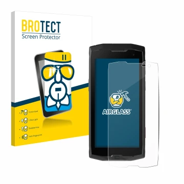 Parte frontal de un envase de producto con el logotipo de la marca BROTECT. Al lado se muestra el dispositivo Crosscall Core M