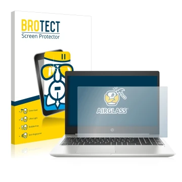 Parte frontal de un envase de producto con el logotipo de la marca BROTECT. Al lado se muestra el dispositivo HP ProBook 450 G