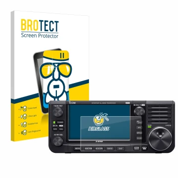 Parte frontal de un envase de producto con el logotipo de la marca BROTECT. Al lado se muestra el dispositivo Icom IC-705 con 