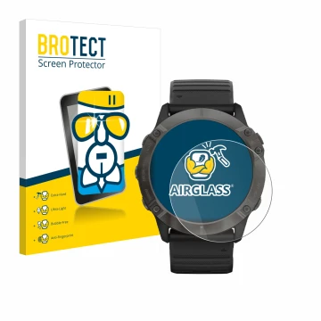 Parte frontal de un envase de producto con el logotipo de la marca BROTECT. Al lado se muestra el dispositivo Garmin Fenix 6X 
