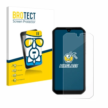 Parte frontal de un envase de producto con el logotipo de la marca BROTECT. Al lado se muestra el dispositivo Blackview BV9900