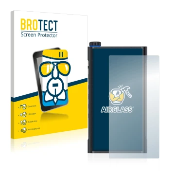 Parte frontal de un envase de producto con el logotipo de la marca BROTECT. Al lado se muestra el dispositivo FiiO M15 con su 