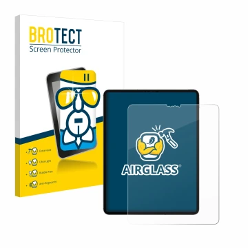 Parte frontal de un envase de producto con el logotipo de la marca BROTECT. Al lado se muestra el dispositivo Apple iPad 12.9