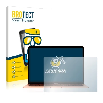 Parte frontal de un envase de producto con el logotipo de la marca BROTECT. Al lado se muestra el dispositivo Apple MacBook Ai