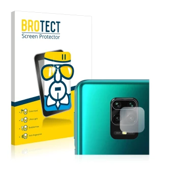 Parte frontal de un envase de producto con el logotipo de la marca BROTECT. Al lado se muestra el dispositivo Xiaomi Redmi Not