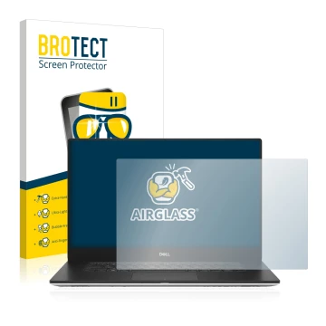 Parte frontal de un envase de producto con el logotipo de la marca BROTECT. Al lado se muestra el dispositivo Dell Precision 5