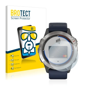 Parte frontal de un envase de producto con el logotipo de la marca BROTECT. Al lado se muestra el dispositivo Garmin quatix 6 
