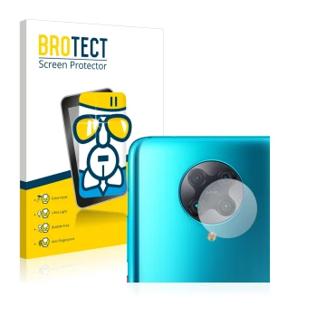 Parte frontal de un envase de producto con el logotipo de la marca BROTECT. Al lado se muestra el dispositivo Xiaomi Poco F2 P