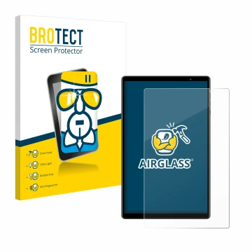 Parte frontal de un envase de producto con el logotipo de la marca BROTECT. Al lado se muestra el dispositivo Teclast P10S con