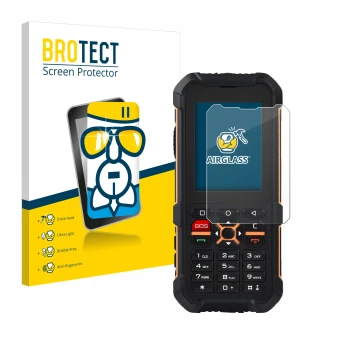 Parte frontal de un envase de producto con el logotipo de la marca BROTECT. Al lado se muestra el dispositivo RugGear RG170 co