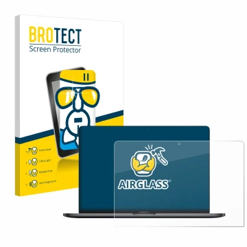 Parte frontal de un envase de producto con el logotipo de la marca BROTECT. Al lado se muestra el dispositivo Apple MacBook Pr