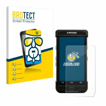 Parte frontal de un envase de producto con el logotipo de la marca BROTECT. Al lado se muestra el dispositivo Opticon H-31 con