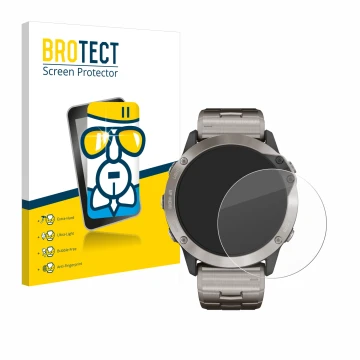 Parte frontal de un envase de producto con el logotipo de la marca BROTECT. Al lado se muestra el dispositivo Garmin quatix 6x