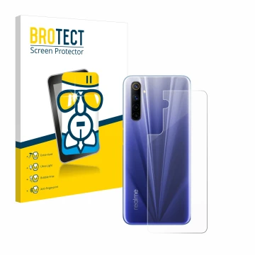 Parte frontal de un envase de producto con el logotipo de la marca BROTECT. Al lado se muestra el dispositivo realme 6 (Traser