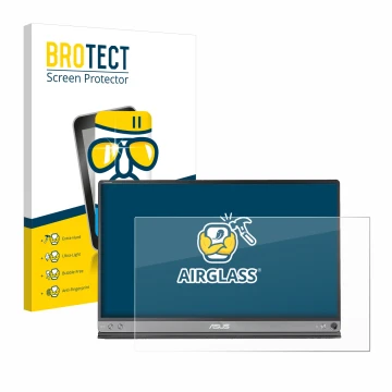 Parte frontal de un envase de producto con el logotipo de la marca BROTECT. Al lado se muestra el dispositivo ASUS ZenScreen M