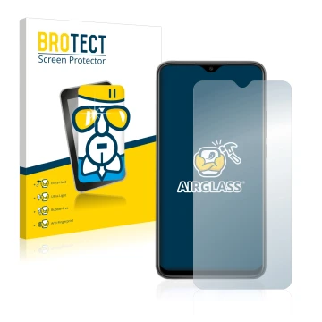 Parte frontal de un envase de producto con el logotipo de la marca BROTECT. Al lado se muestra el dispositivo Xiaomi Redmi 9 c