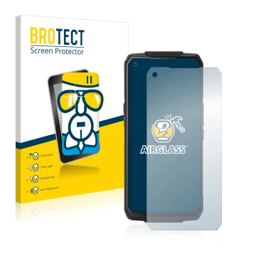 Parte frontal de un envase de producto con el logotipo de la marca BROTECT. Al lado se muestra el dispositivo Oukitel WP7 con 