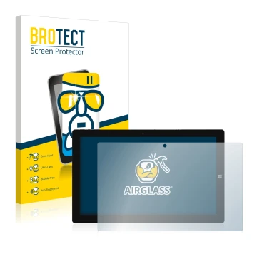 Parte frontal de un envase de producto con el logotipo de la marca BROTECT. Al lado se muestra el dispositivo Chuwi UBook 11.6