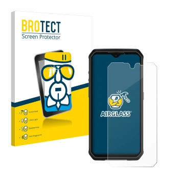 Parte frontal de un envase de producto con el logotipo de la marca BROTECT. Al lado se muestra el dispositivo Ulefone Armor 9 