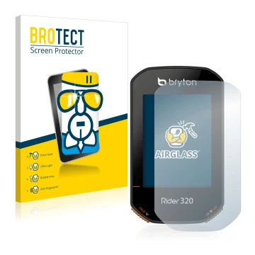 Parte frontal de un envase de producto con el logotipo de la marca BROTECT. Al lado se muestra el dispositivo Bryton Rider 320