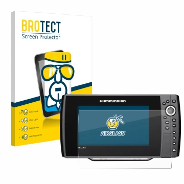 Parte frontal de un envase de producto con el logotipo de la marca BROTECT. Al lado se muestra el dispositivo Humminbird Helix