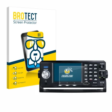 Parte frontal de un envase de producto con el logotipo de la marca BROTECT. Al lado se muestra el dispositivo Uniden SDS200E c