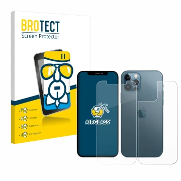 Parte frontal de un envase de producto con el logotipo de la marca BROTECT. Al lado se muestra el dispositivo Apple iPhone 12 