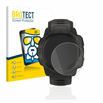 Parte frontal de un envase de producto con el logotipo de la marca BROTECT. Al lado se muestra el dispositivo Garmin Instinct 