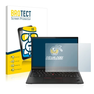 Parte frontal de un envase de producto con el logotipo de la marca BROTECT. Al lado se muestra el dispositivo Lenovo ThinkPad 