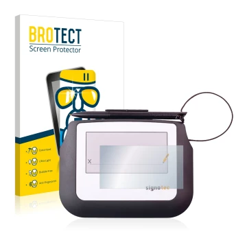 Parte frontal de un envase de producto con el logotipo de la marca BROTECT. Al lado se muestra el dispositivo Signotec Signatu