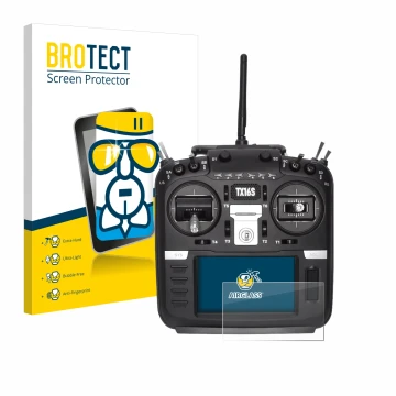 Parte frontal de un envase de producto con el logotipo de la marca BROTECT. Al lado se muestra el dispositivo Radiomaster TX16