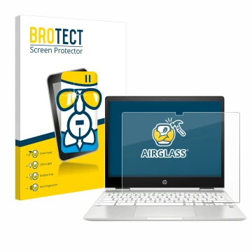 Parte frontal de un envase de producto con el logotipo de la marca BROTECT. Al lado se muestra el dispositivo HP Chromebook x3